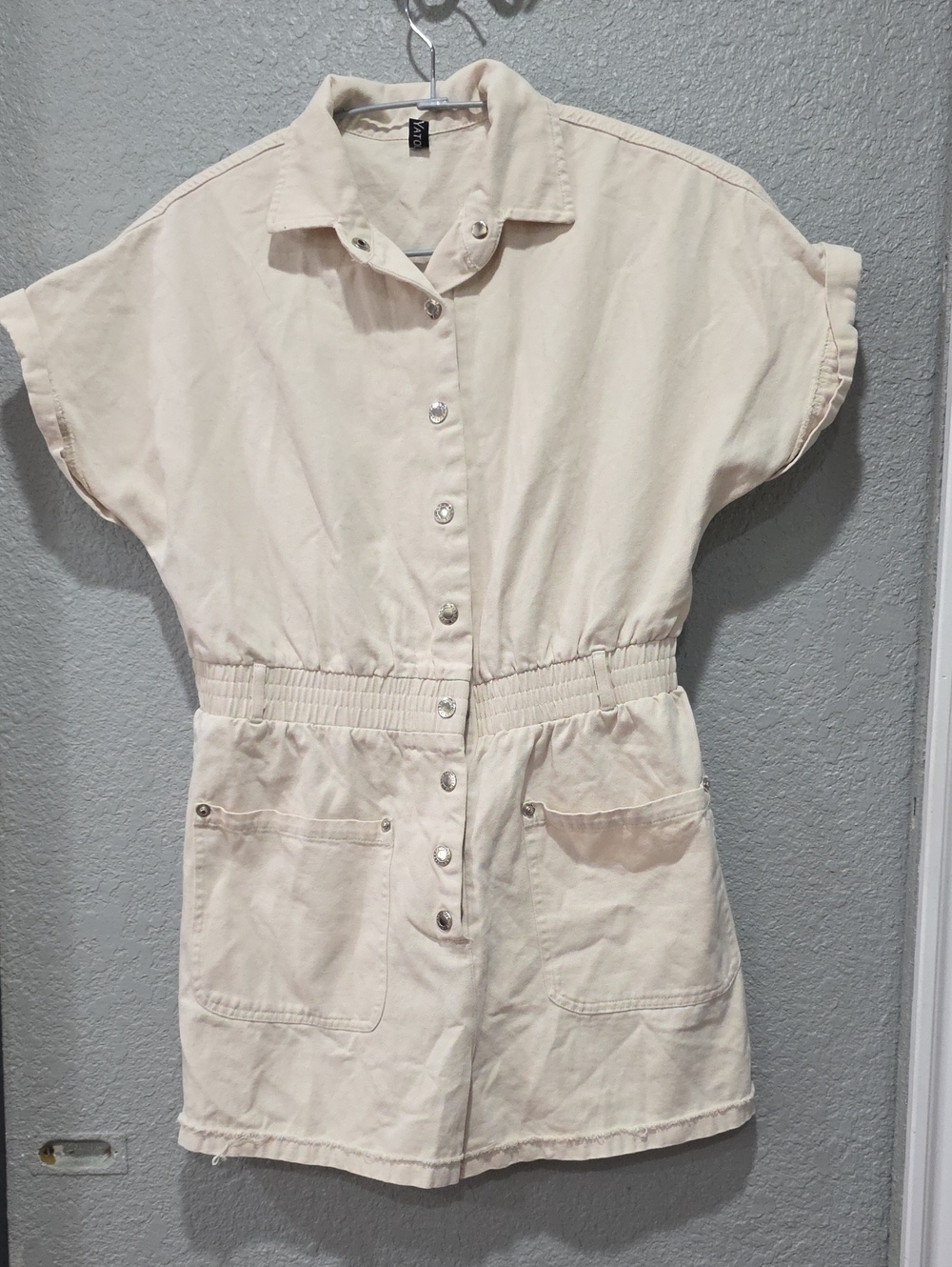 Cream Button-Front Short Sleeve Romper with Elastic Waist